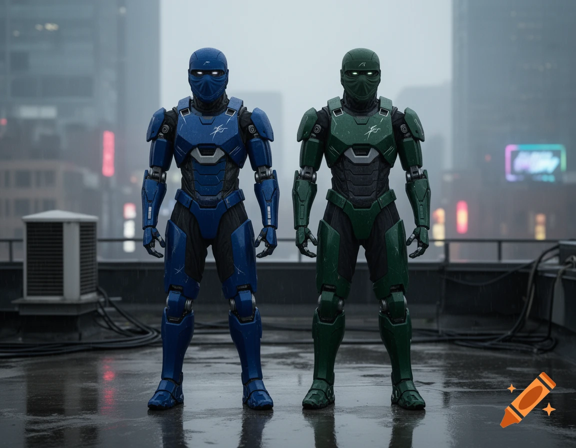 Photorealistic image of two ninja robots in blue and green armor standing on a wet rooftop in the city.