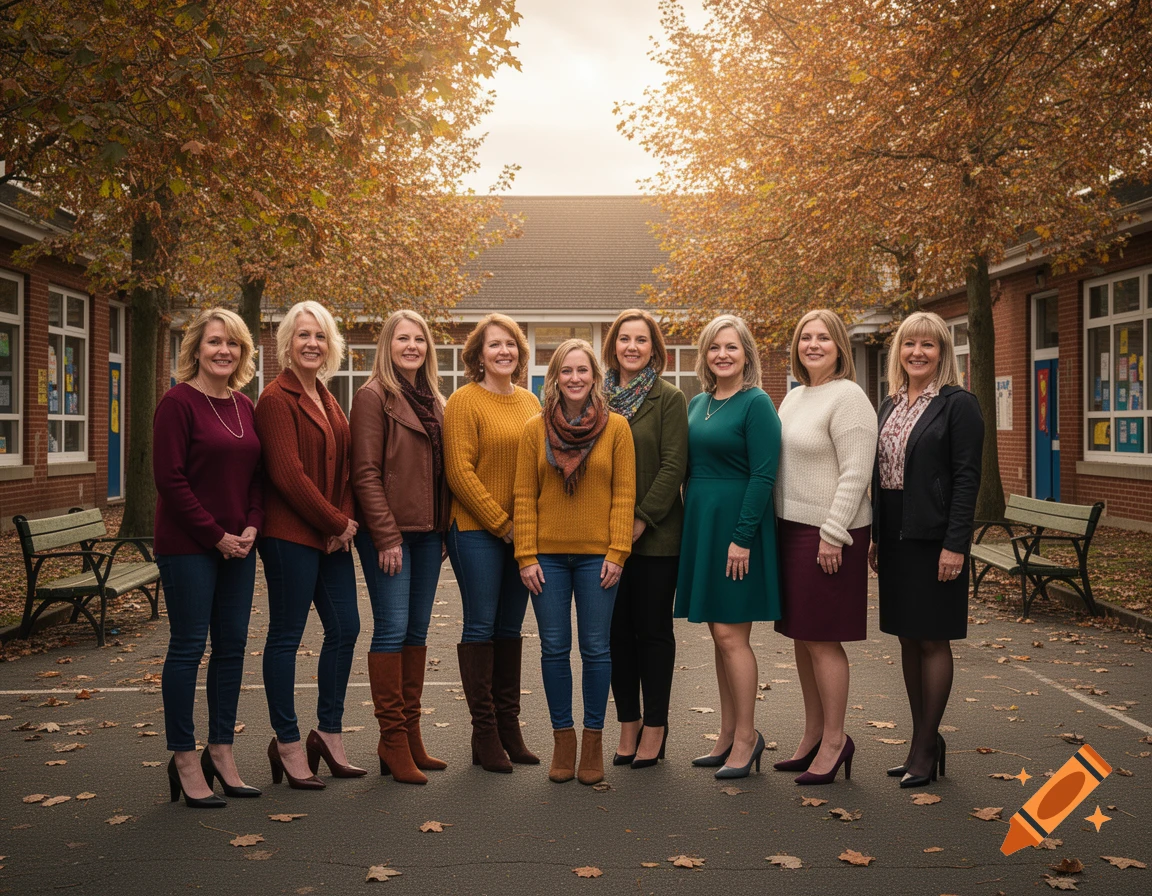 Photorealistic group of nine female teachers standing outdoors on a school playground in autumn.