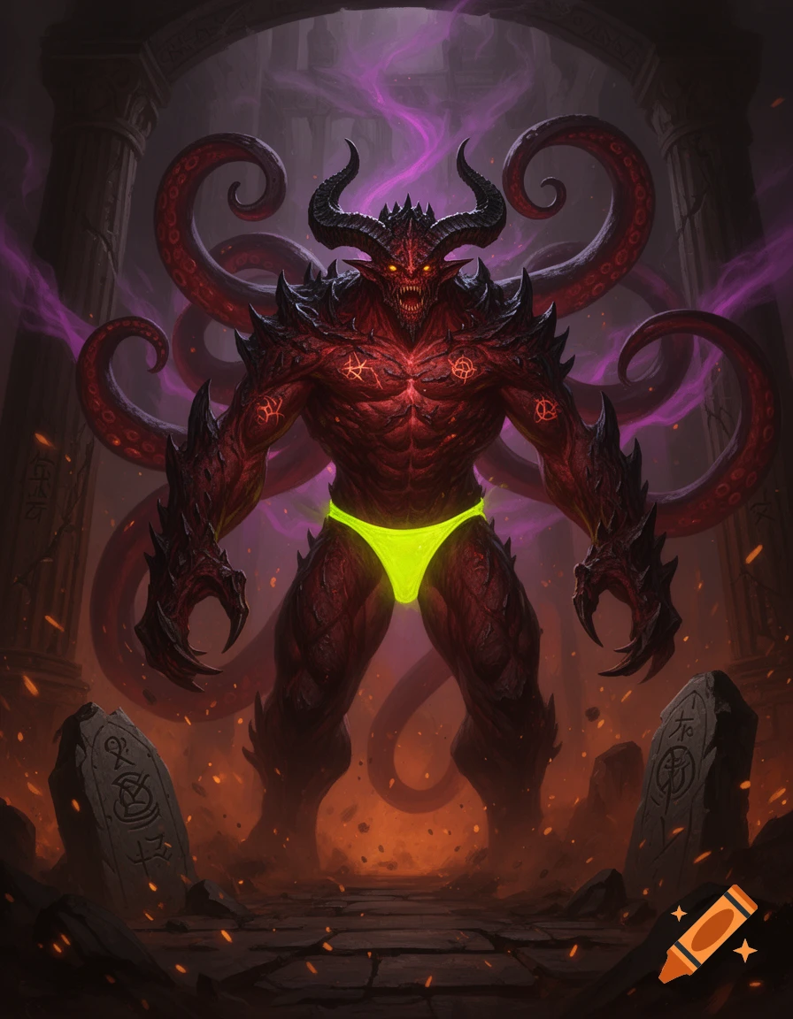 A muscular red demon with horns and tentacles wearing a neon yellow thong in a dungeon setting, fantasy illustration style.