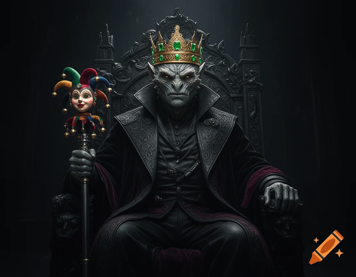 A dark fantasy portrait of a powerful non-human king wearing a golden crown with emeralds, sitting on a throne and holding a jester scepter.