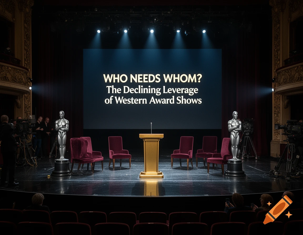 A theater stage featuring a podium, chairs, and Oscar-style statues, with a screen displaying text about western award shows.