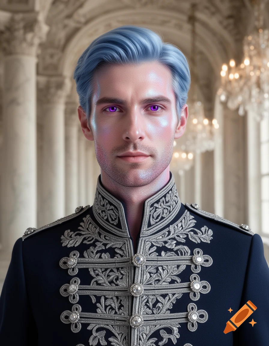 Photorealistic portrait of a regal man with iridescent skin, purple eyes, and light blue hair in a grand hall.