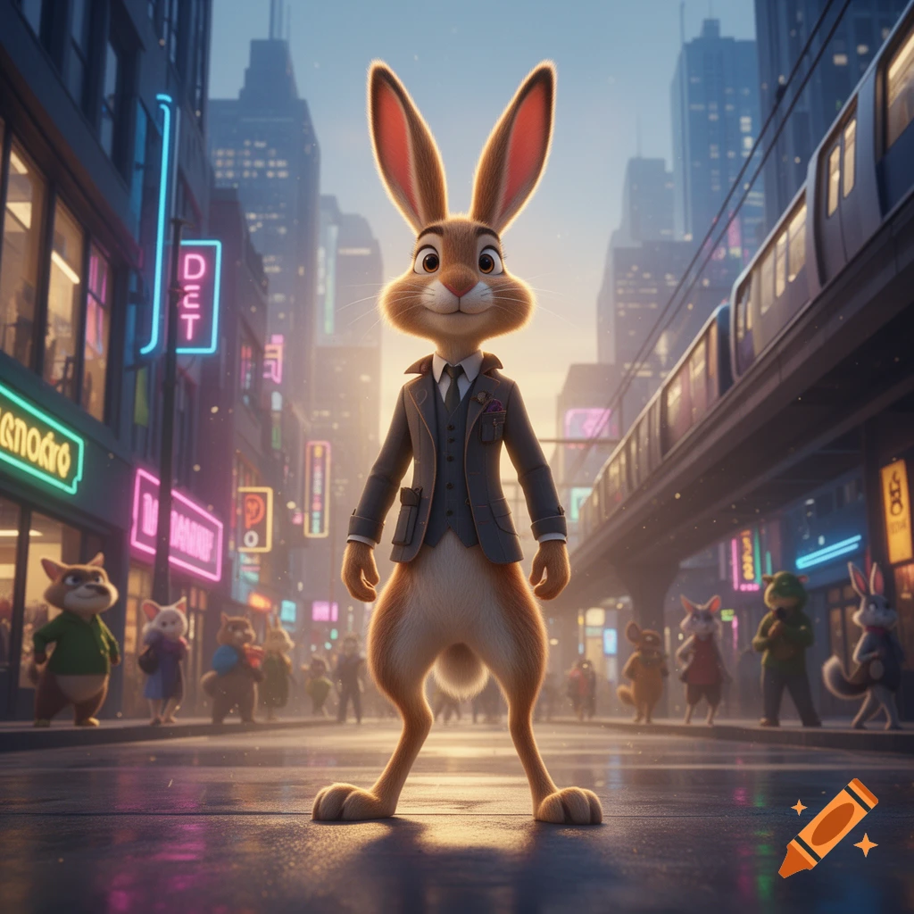 An anthropomorphic hare in a suit standing in a bustling neon-lit city street, 3D animated style.