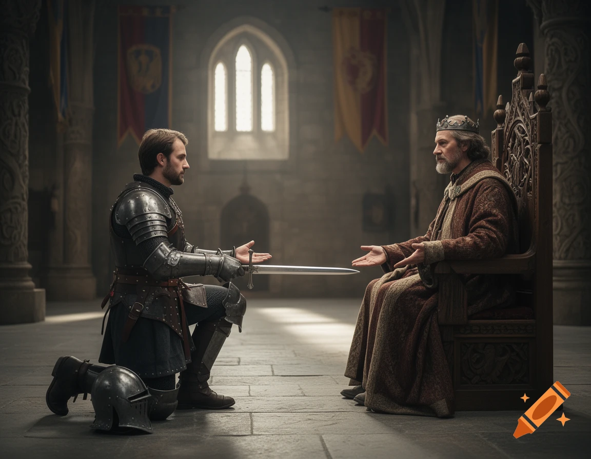 Photorealistic medieval scene of a knight kneeling and offering his sword to a king seated on a throne in a stone hall.