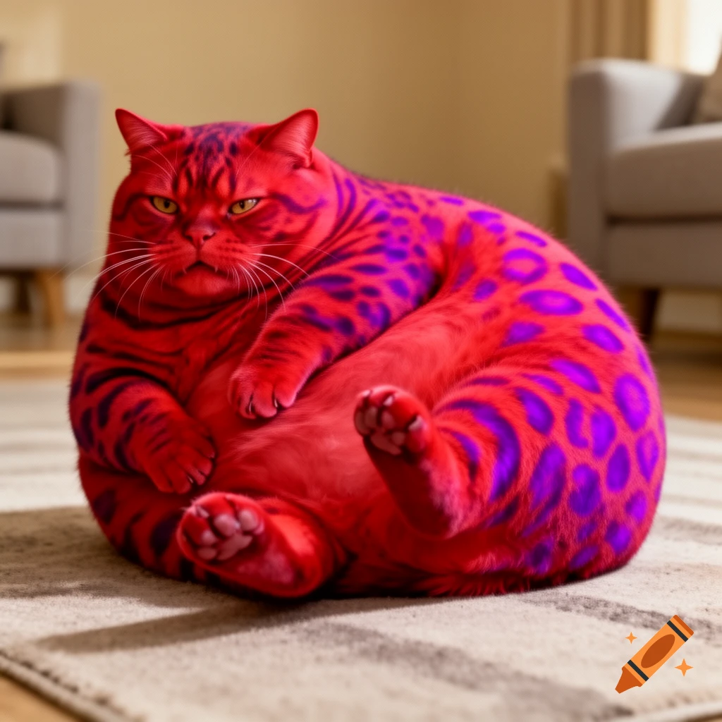An extremely fat cat with bright red fur and purple leopard dots sitting on a rug in a living room, hyperrealistic style.