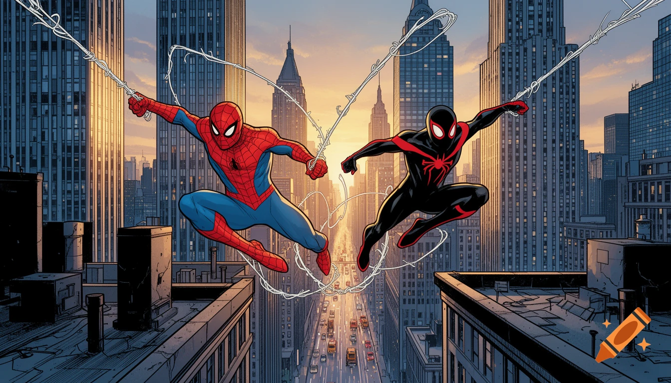 Comic book style illustration of Spider-Man and Miles Morales swinging between skyscrapers in New York City at sunset.