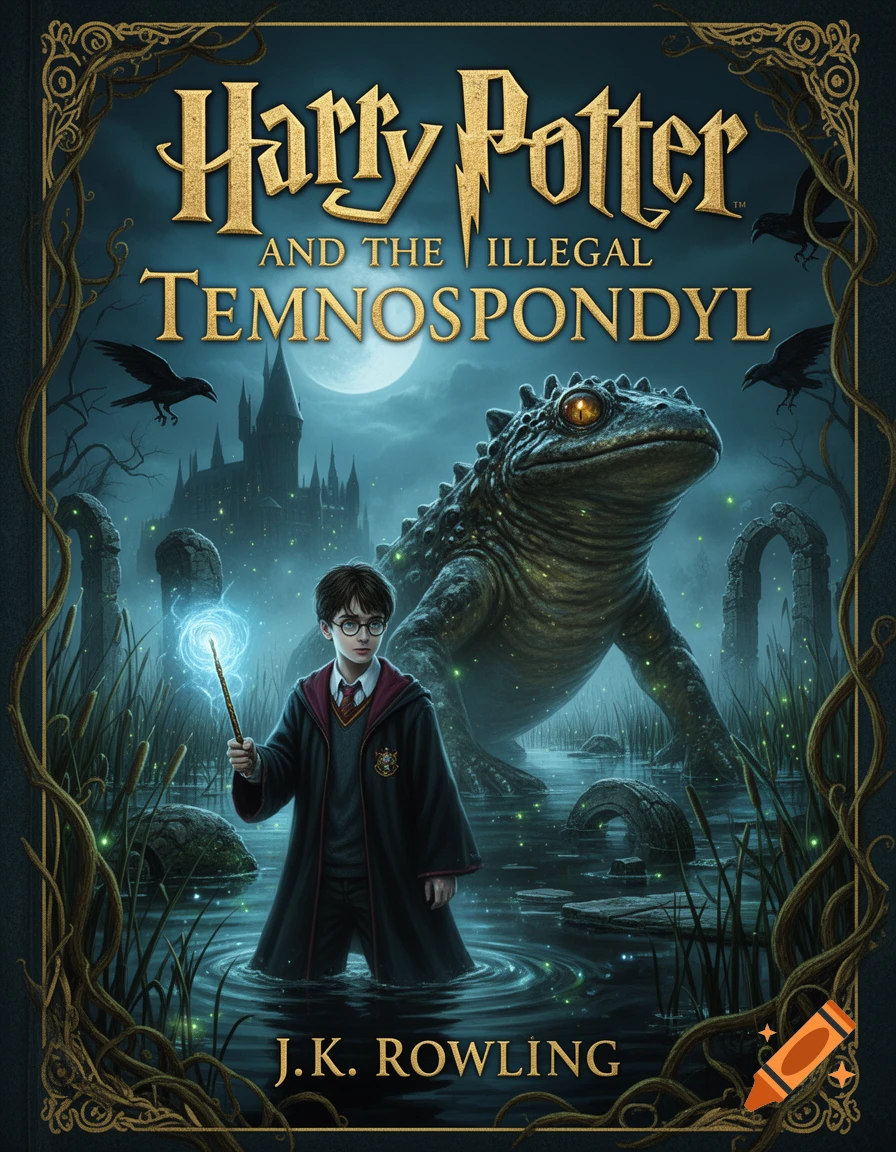 A fantasy book cover depicting young Harry Potter holding a glowing wand in a swamp next to a giant temnospondyl amphibian, with Hogwarts castle in the background.