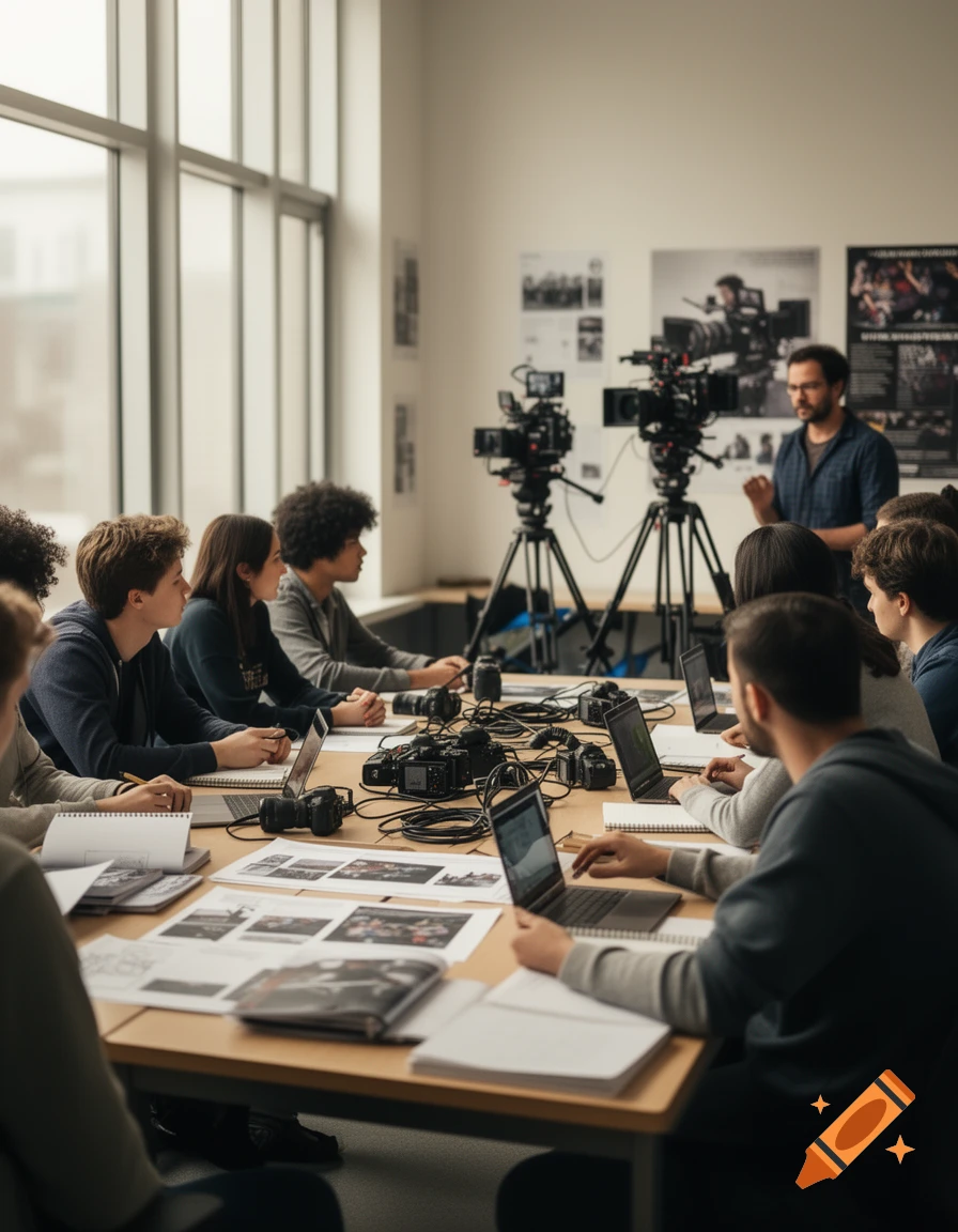 Film students and a teacher gathered around a table with laptops, cameras, and papers in a bright classroom.