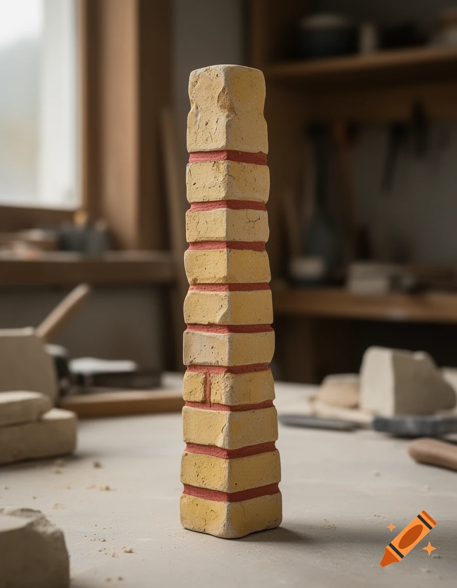 A vertical column made of yellow bricks with red mortar lines standing on a workbench in a workshop.