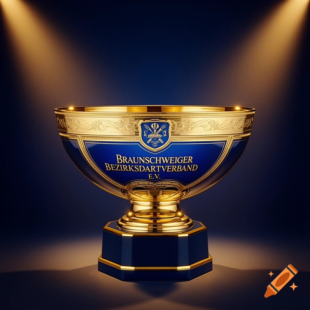 A golden trophy cup with blue accents and the inscription 'BRAUNSCHWEIGER BEZIRKSDARTVERBAND E.V.' under spotlight on a dark background.
