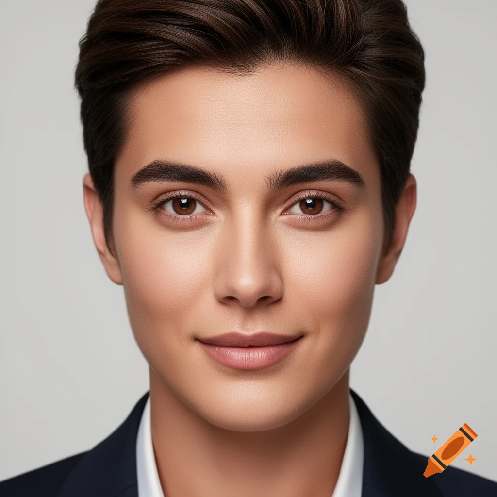 Close-up photorealistic portrait of a person with short brown hair, dark eyebrows, and brown eyes, wearing a dark suit jacket and white shirt.