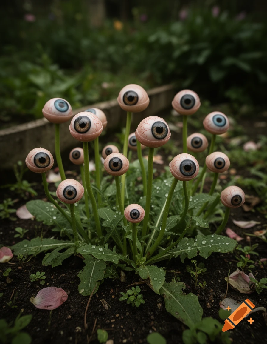 Photorealistic surreal flowerbed where green stems grow human eyeballs instead of blossoms, set in a dark garden.