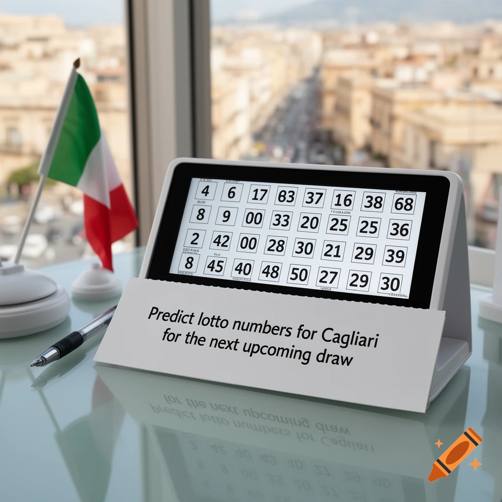 Photorealistic image of a stand on a glass desk displaying a grid of numbers and a sign reading 'Predict lotto numbers for Cagliari for the next upcoming draw', with an Italian flag and city view in the background.