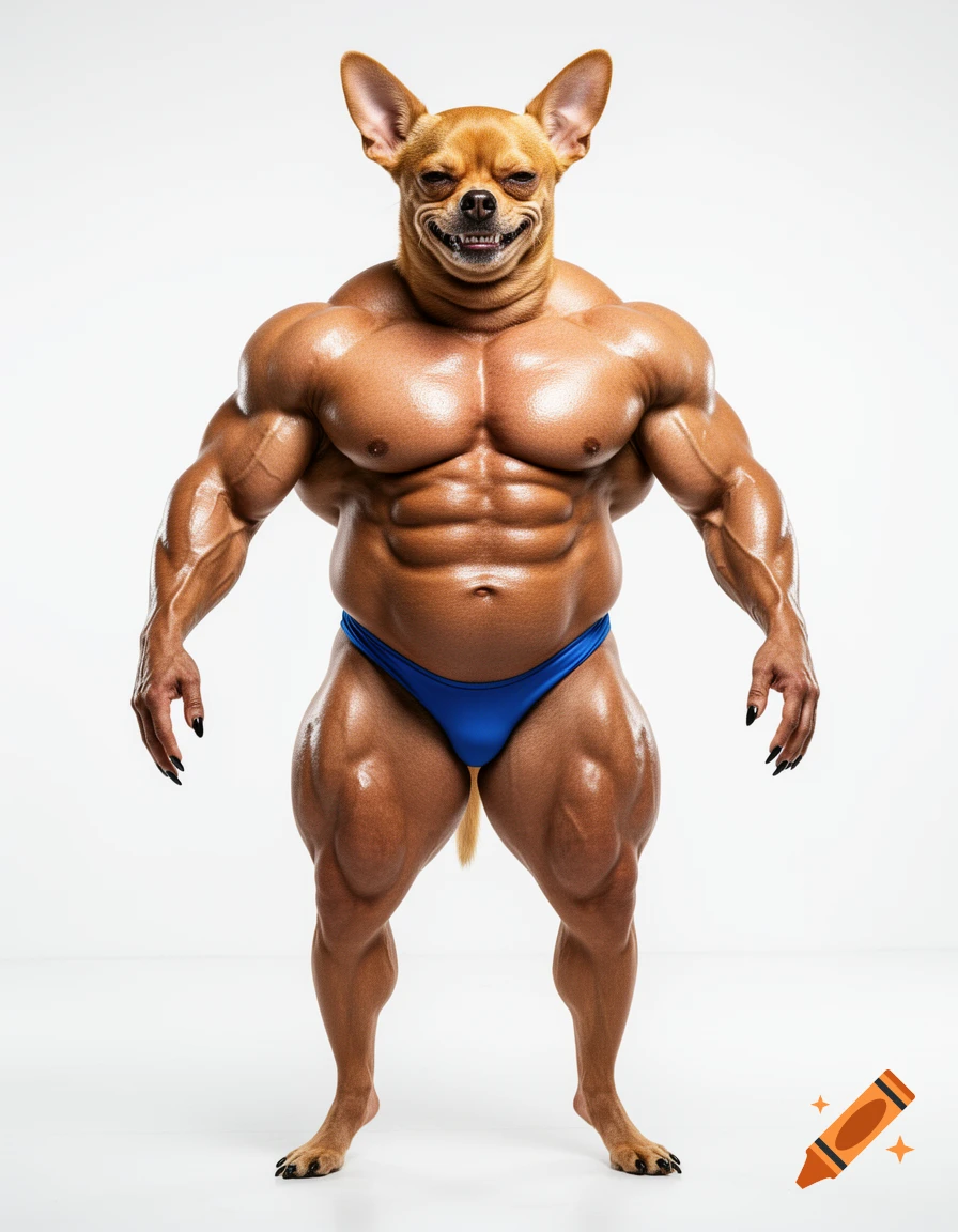 Photorealistic image of a muscular, anthropomorphic chihuahua bodybuilder with dog ears standing in a white room.