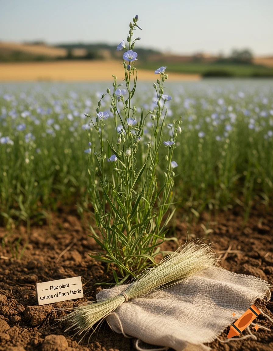 Photorealistic flax plant with blue flowers in a field with a small sign and a bundle of linen fabric.
