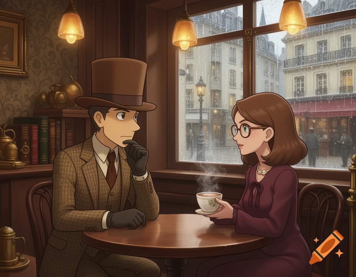 Professor Layton and a young woman sitting at a table in a cozy cafe, drinking hot cocoa, anime style illustration