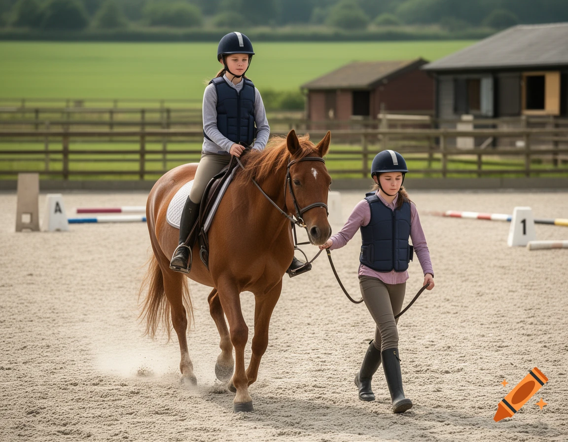 Photorealistic image of a young girl riding a brown horse in an arena while another girl leads it by a rein.