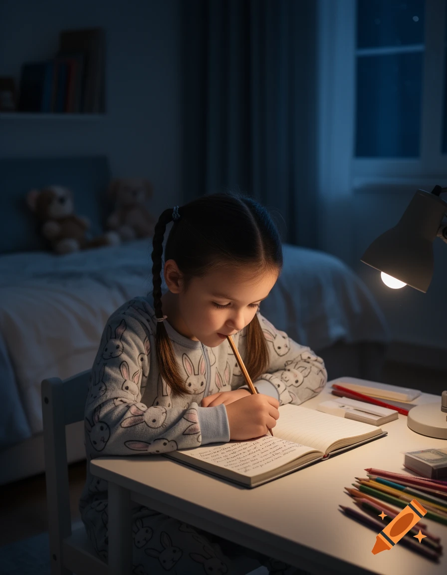 A young girl in bunny pajamas writing in a diary at a desk under a desk lamp at night, photorealistic.