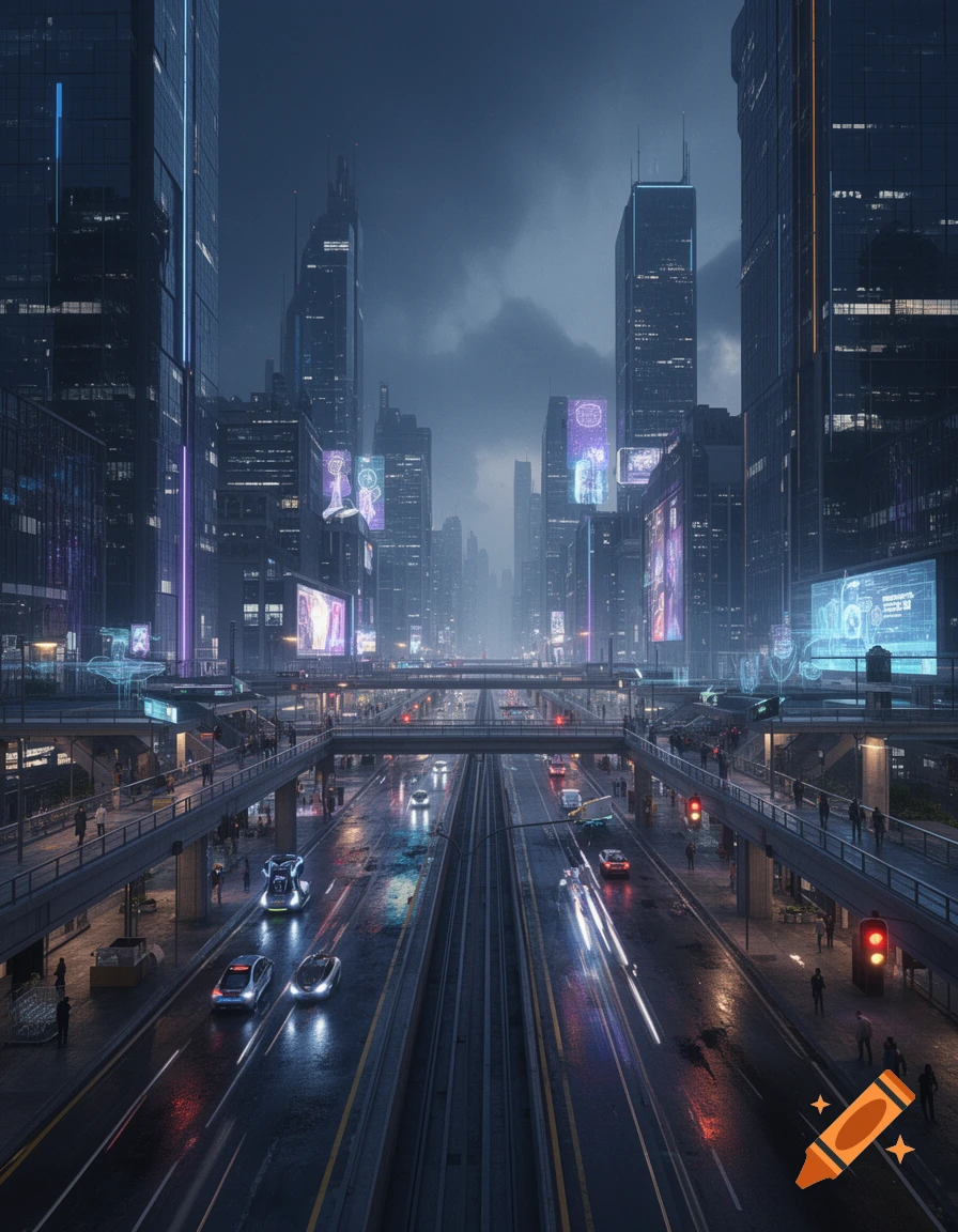Futuristic cyberpunk city at night with towering skyscrapers, elevated train tracks, and glowing billboards.