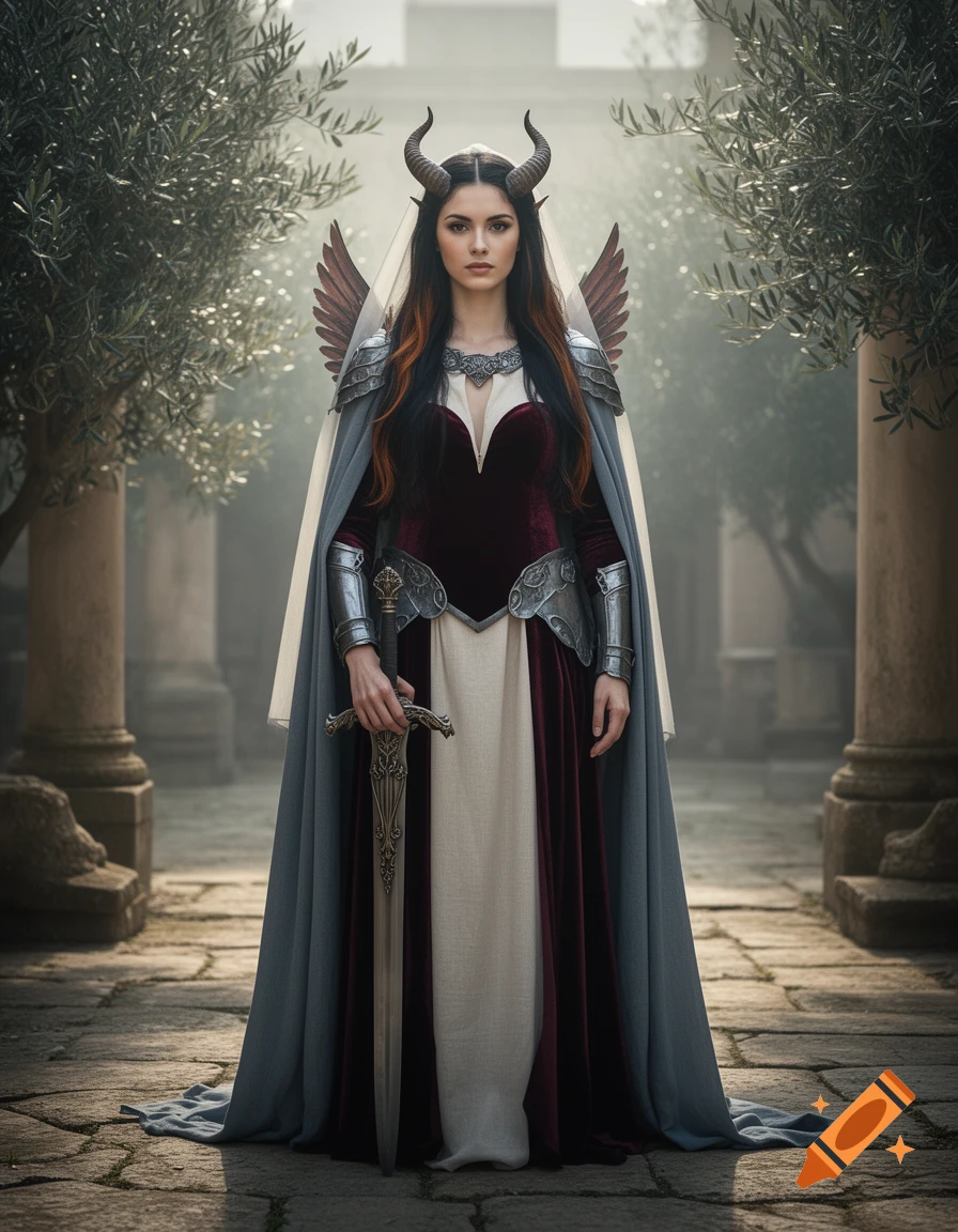 Photorealistic full-body portrait of a mythological woman with horns, wings, and armor, standing in a stone courtyard.