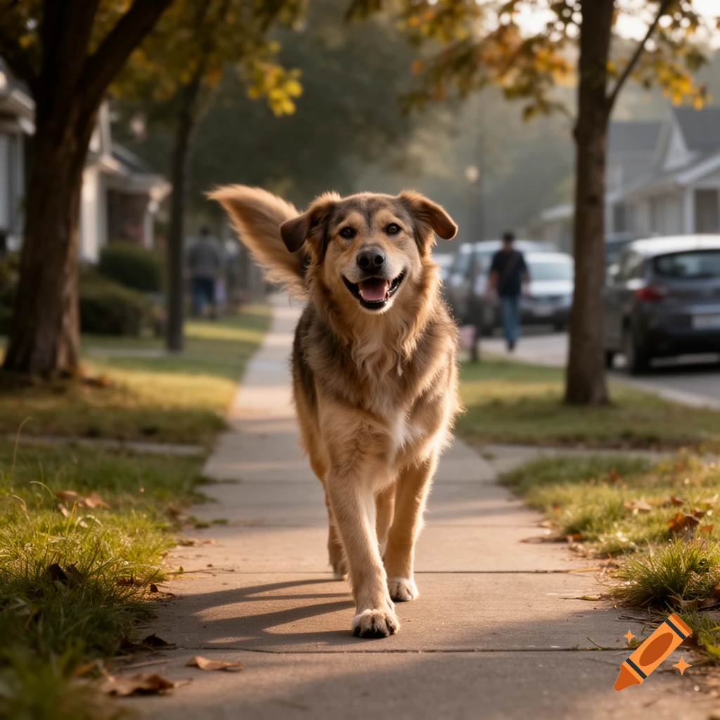 A fluffy brown and golden dog happily walking down a suburban sidewalk during autumn.