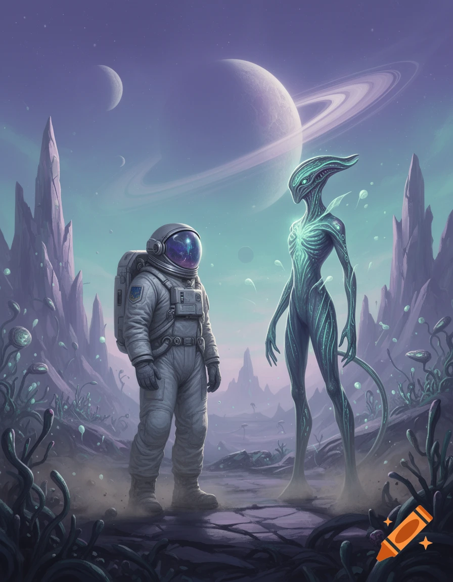 An astronaut and a tall, glowing alien standing on an alien planet with strange flora and planets in the sky, digital illustration.