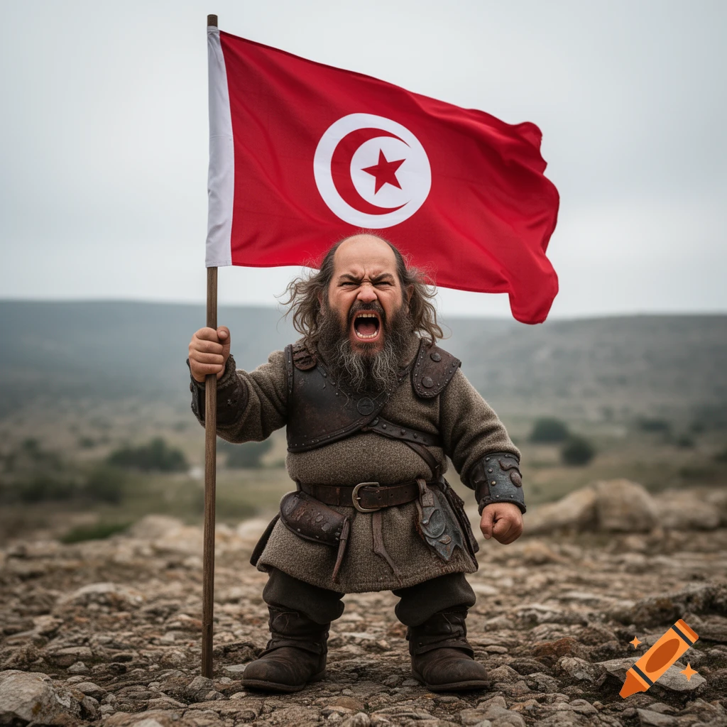 An angry, shouting dwarf in medieval attire holds a large Tunisian flag in a rocky landscape, photorealistic.