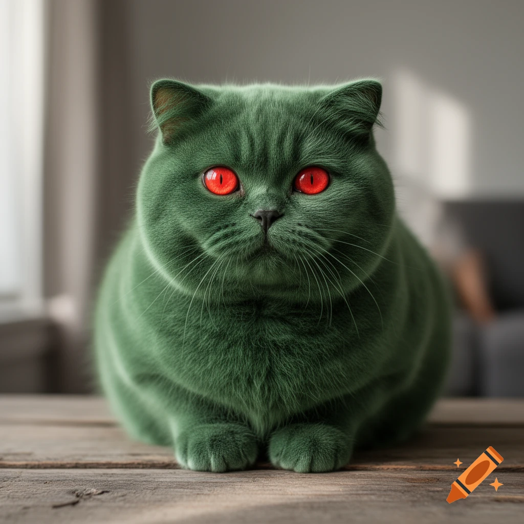 Photorealistic image of a chubby green cat with glowing fire-red eyes sitting on a wooden table.