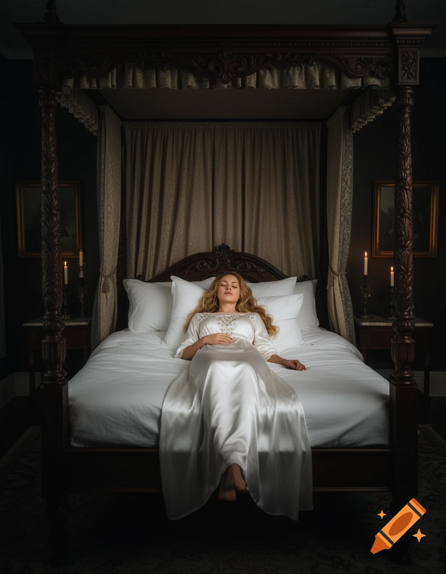 Photorealistic image of a blonde woman sleeping in a white silk dress on a large four-poster wooden bed in a dark bedroom.