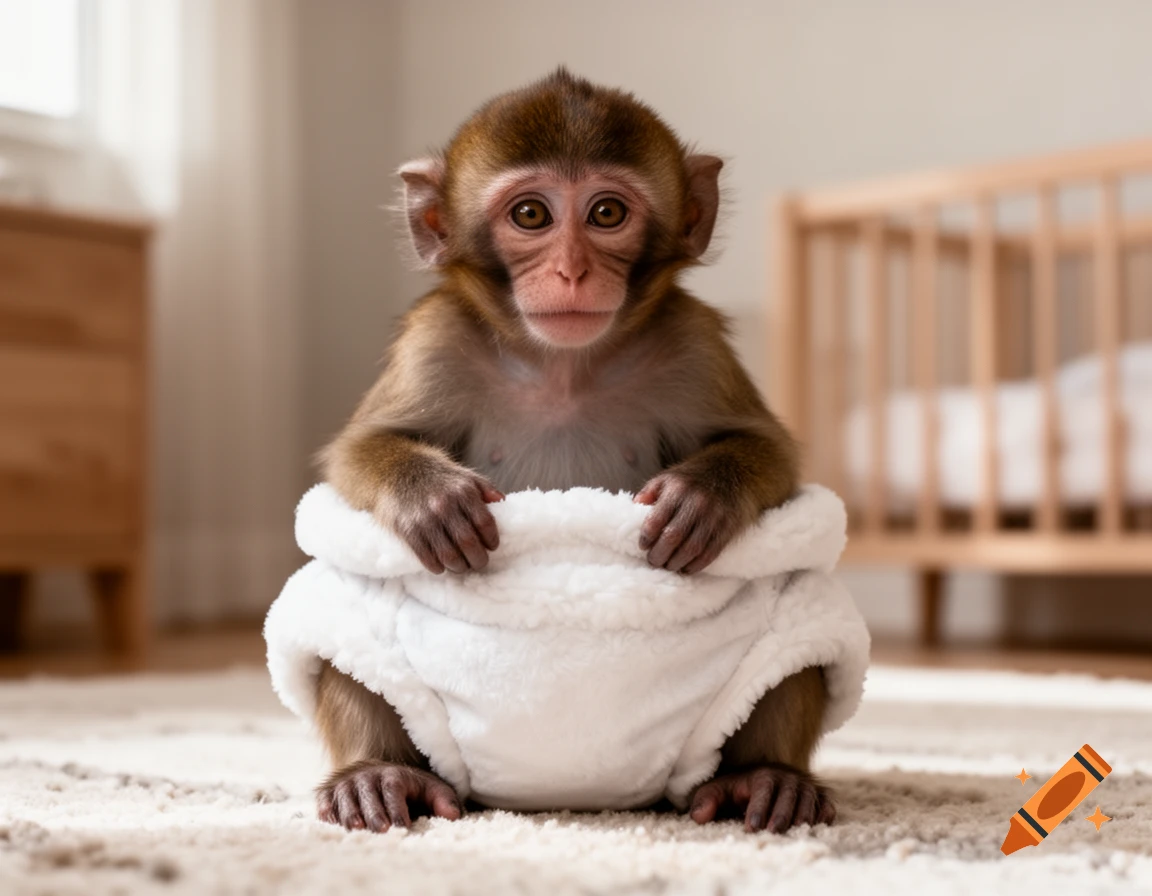 Photorealistic image of a little monkey sitting in a big fluffy white diaper inside a nursery.