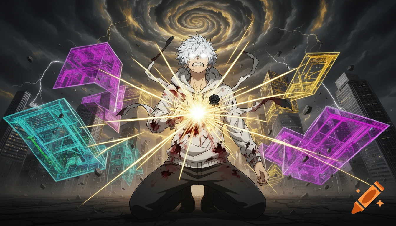 Anime scene of a white-haired detective on his knees with glowing chest energy and collapsing city background.