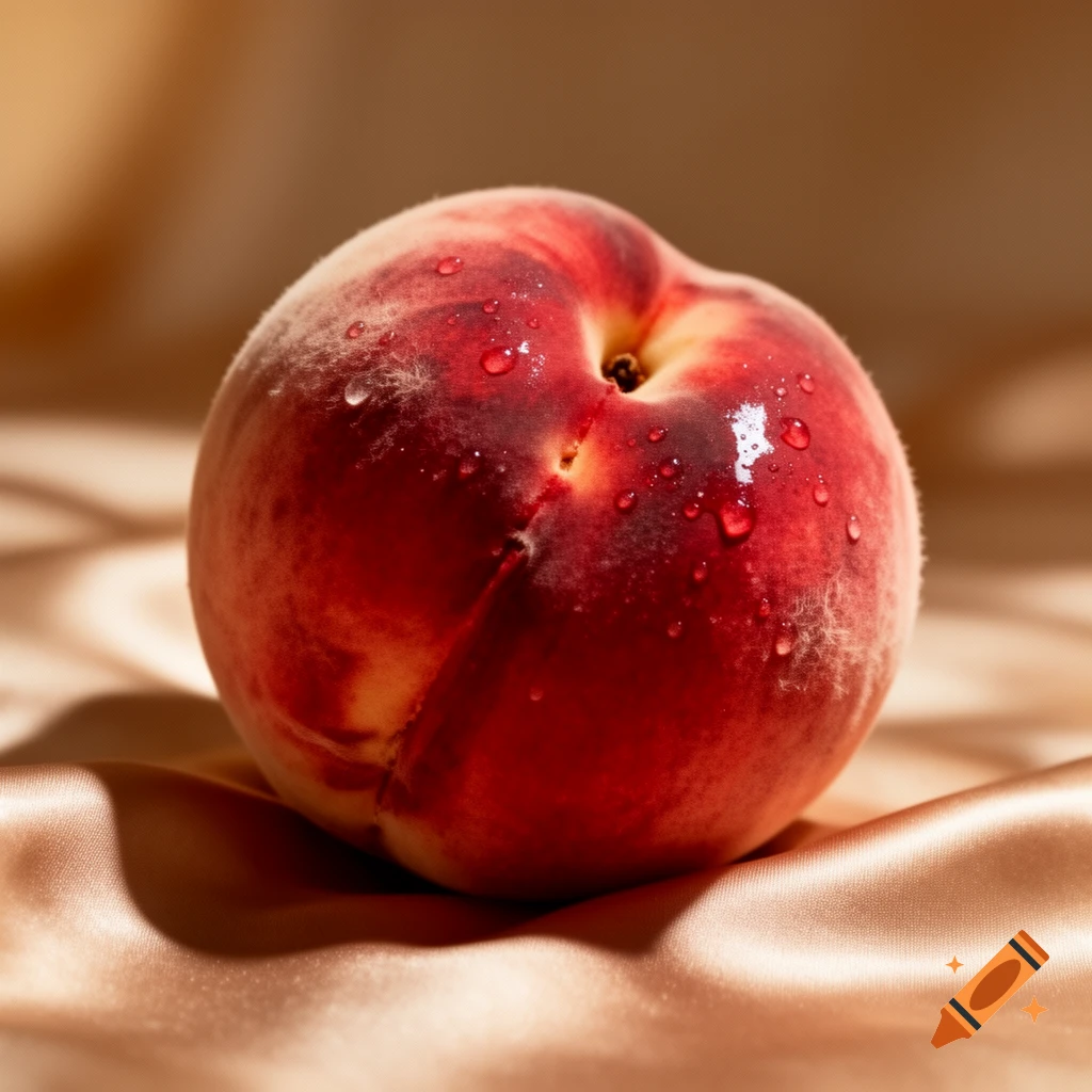Close-up photorealistic shot of a ripe peach with water droplets resting on a satin fabric background.