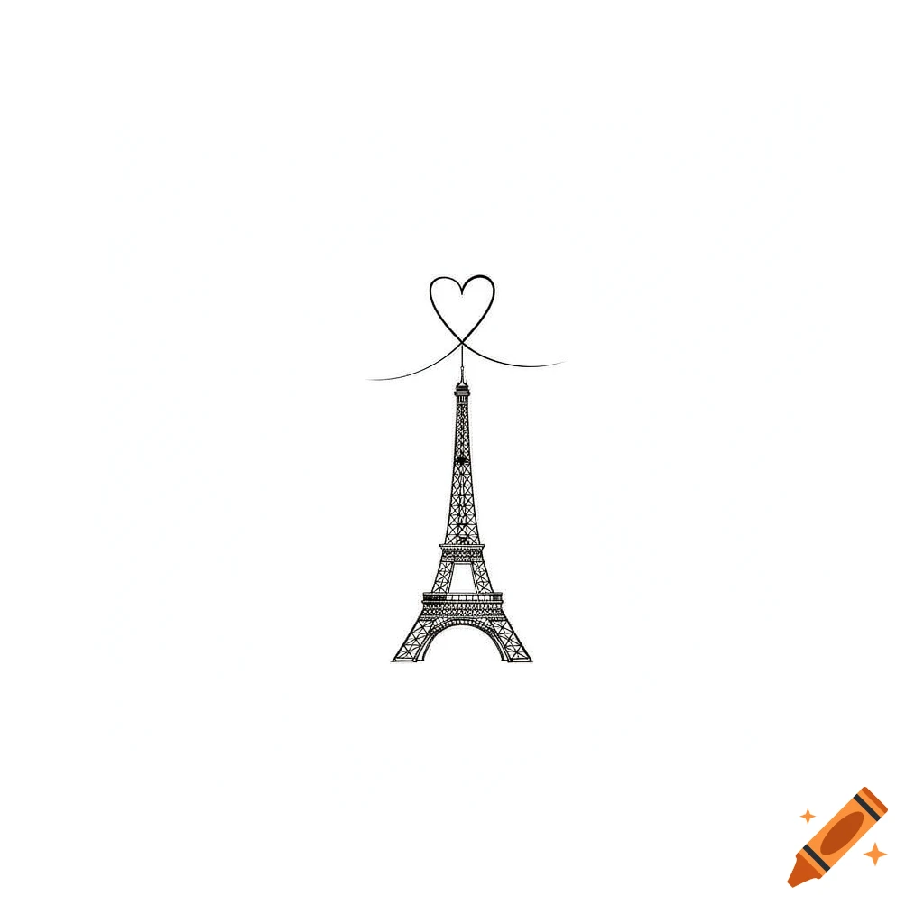 Minimalist fineline tattoo design of the Eiffel Tower with a heart shape at the top on a white background.