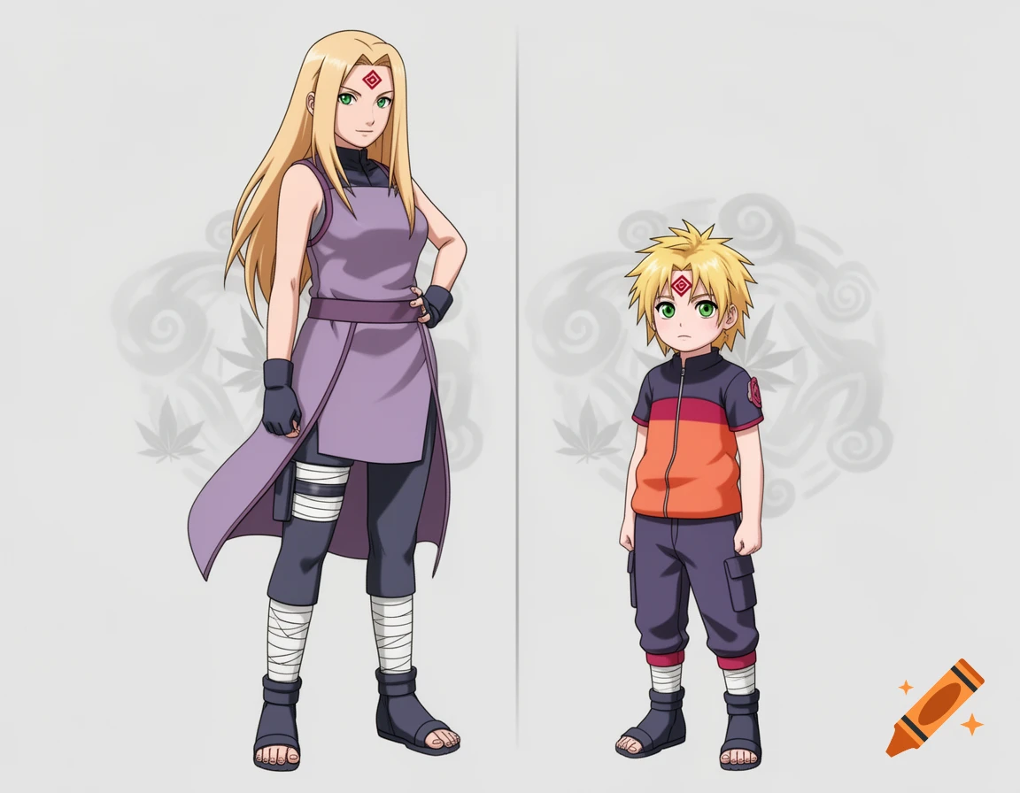 Anime style illustration of an adult female character and a young child character standing side by side.