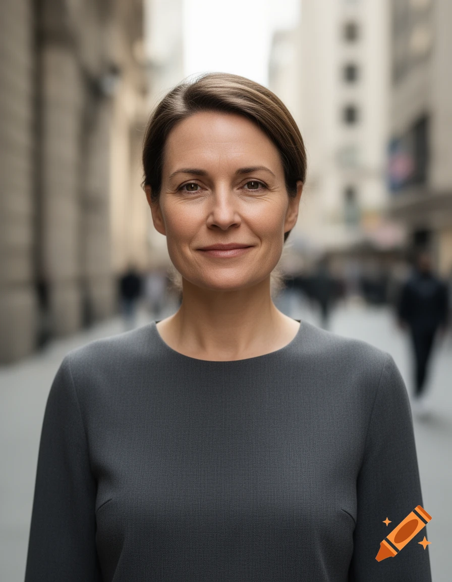 Close-up photorealistic portrait of a middle-aged woman with short brown hair smiling gently in a city street.