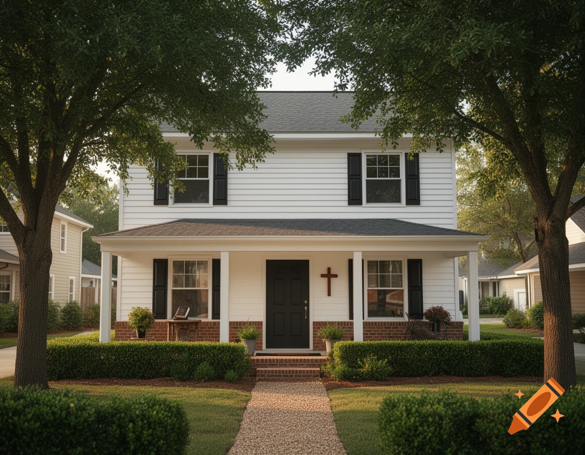 Photorealistic two-story white suburban house with black shutters, a covered front porch featuring a cross on the wall, flanked by trees and manicured hedges.