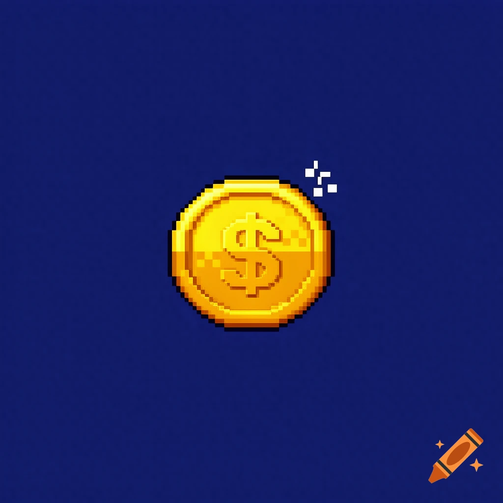 Pixel art of a golden coin with a dollar sign and sparkle effects on a dark blue background.
