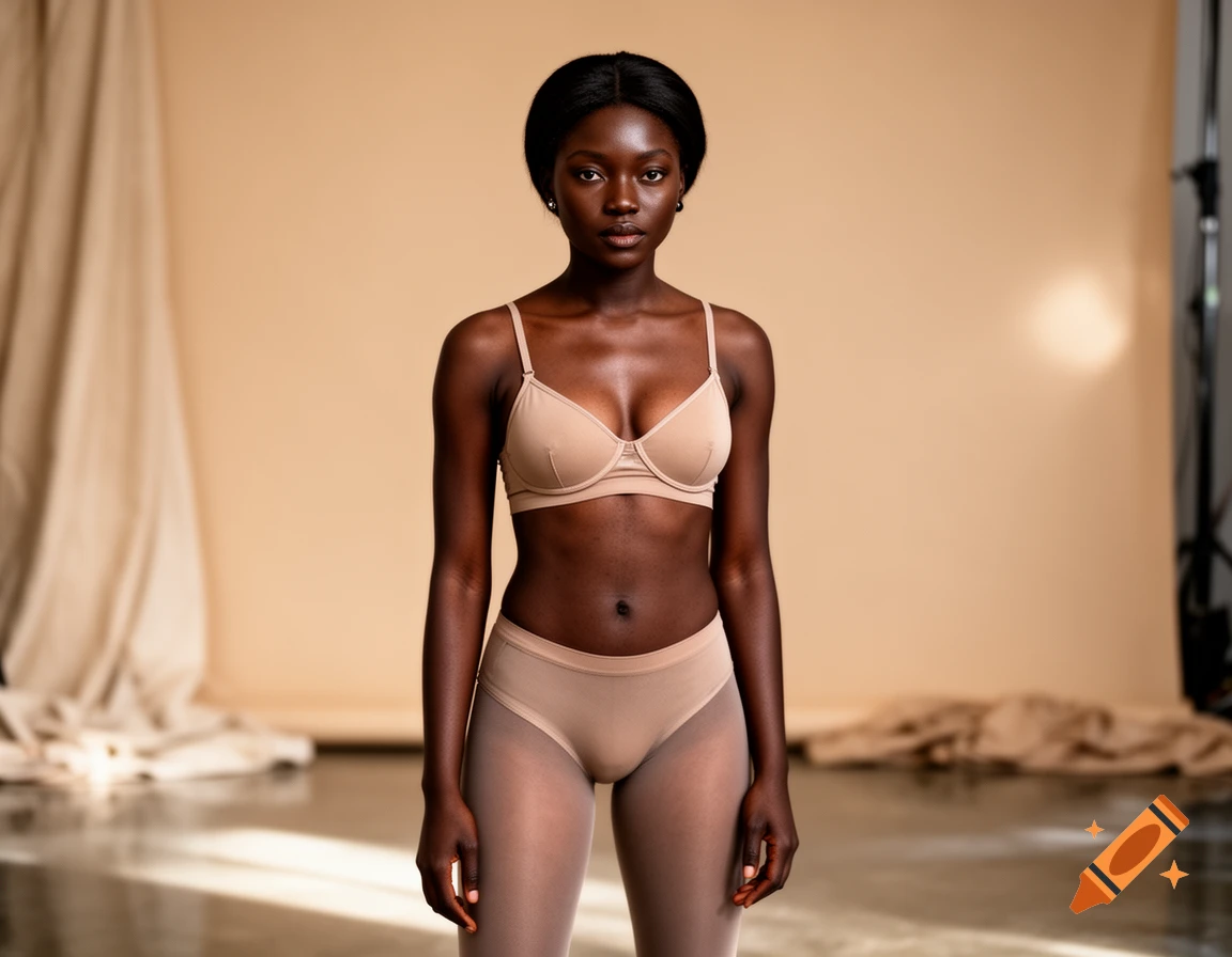 Full-body studio portrait of a Black woman wearing a nude-colored bra and pantyhose against a beige backdrop.