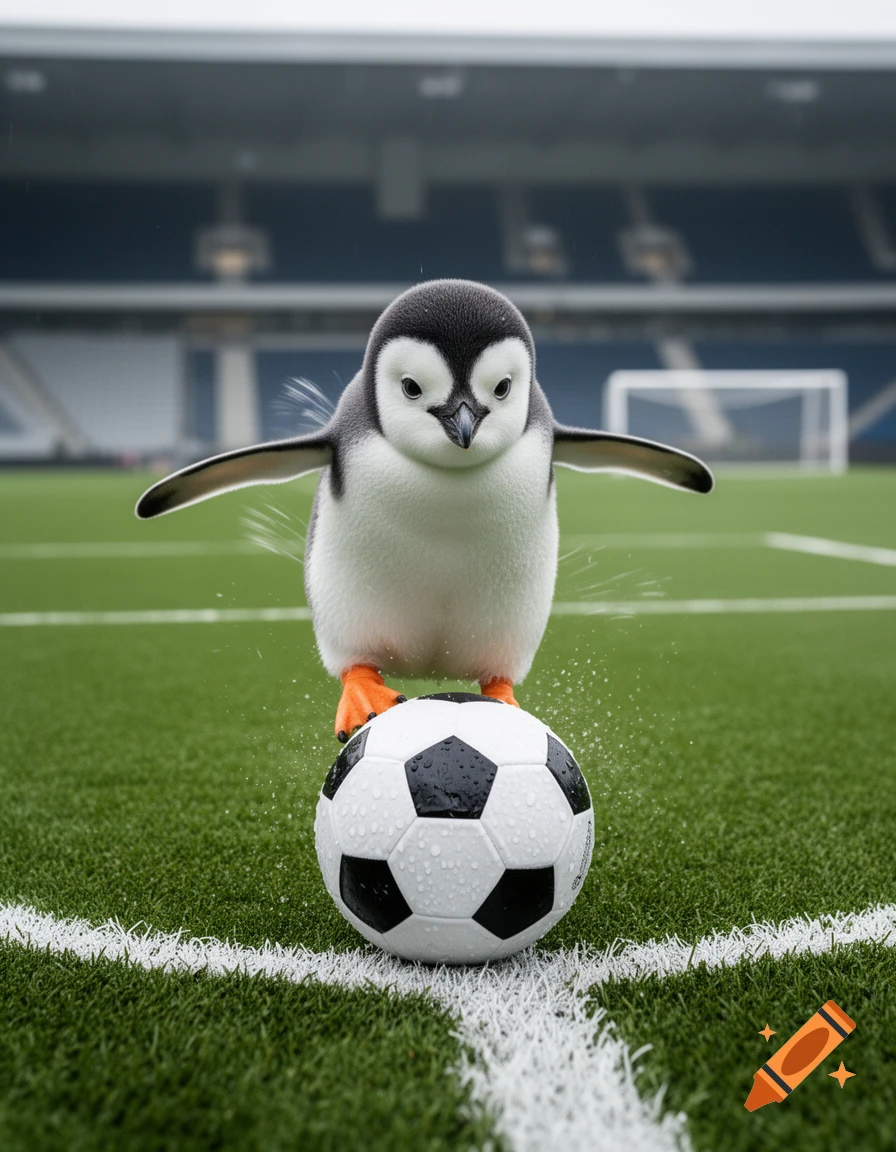 Photorealistic image of a cute penguin balancing on a soccer ball on a stadium field.