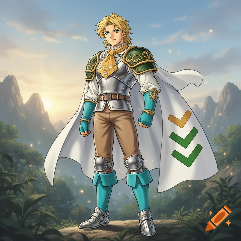 Anime style illustration of a muscular blond knight in armor with a white cape standing in a mountainous landscape.