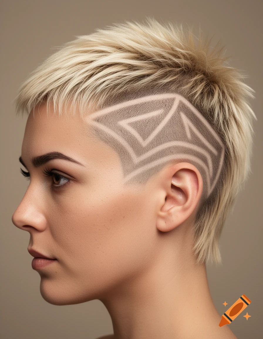 Photorealistic side profile of a woman with a blonde mullet, taper fade, and geometric shaved hair design.