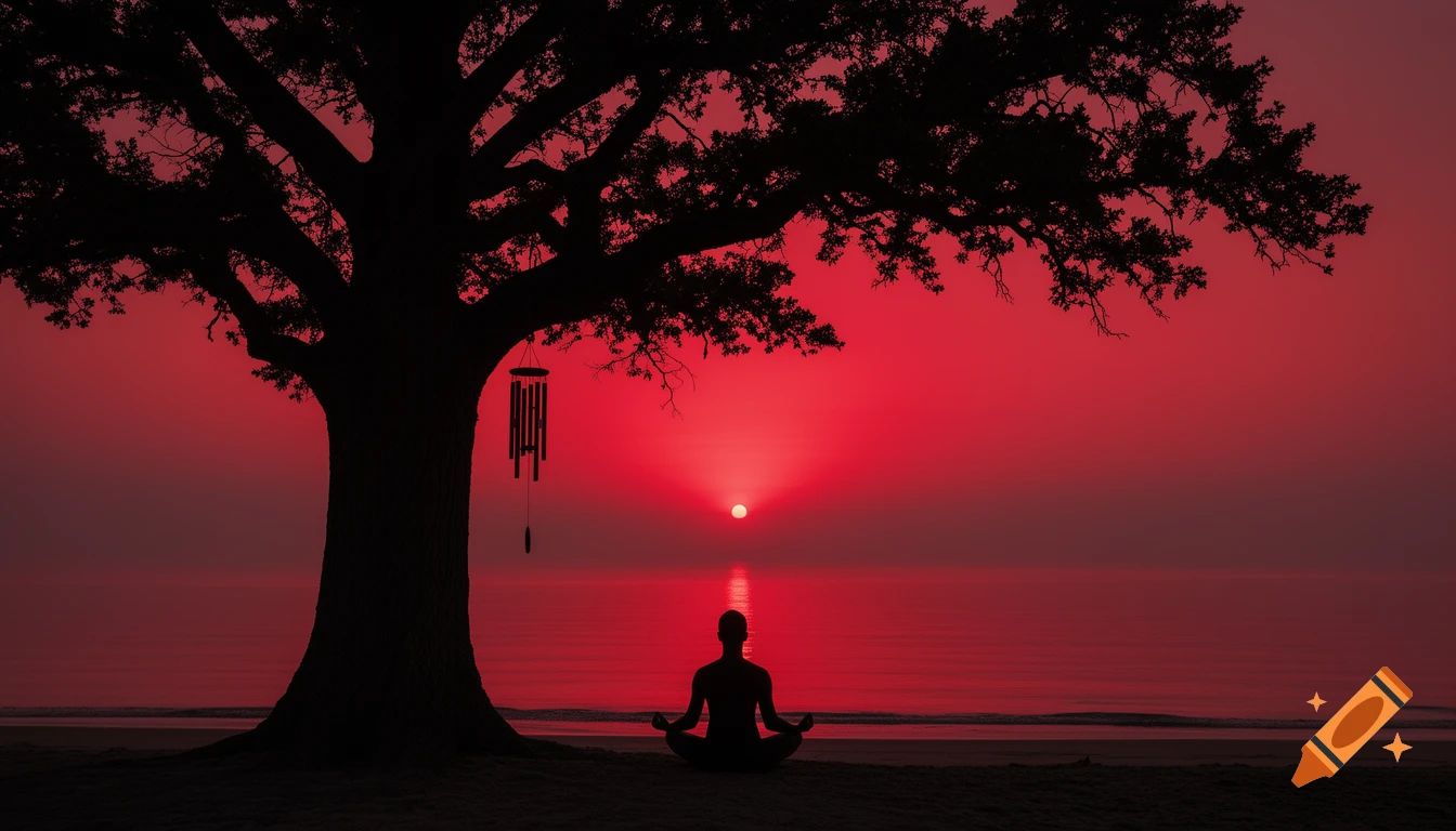 Silhouette of a person meditating under a large tree by the ocean during a vibrant red sunset.