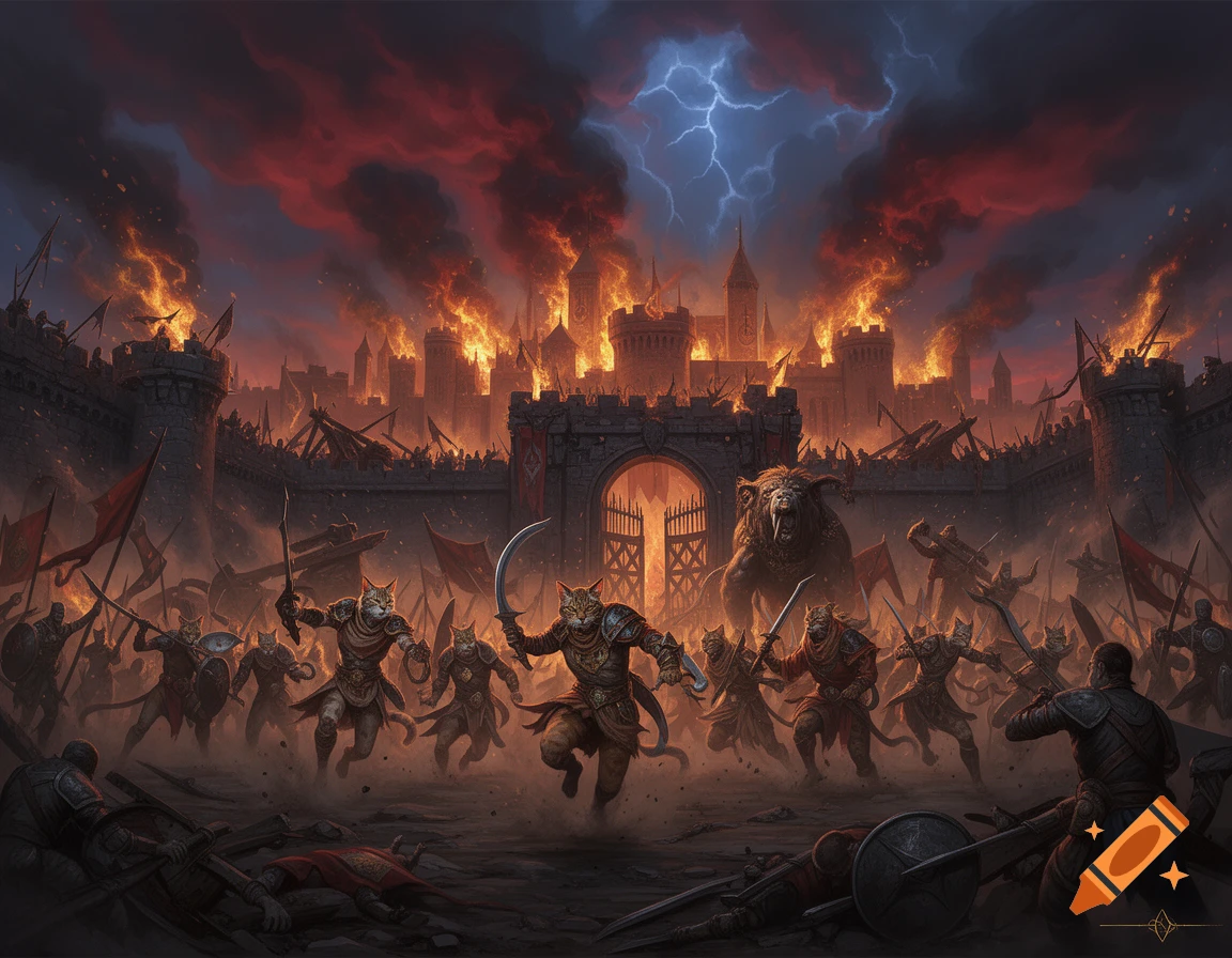 Digital painting of a fantasy battle scene with an army of Khajiit warriors attacking a burning castle under a stormy sky.