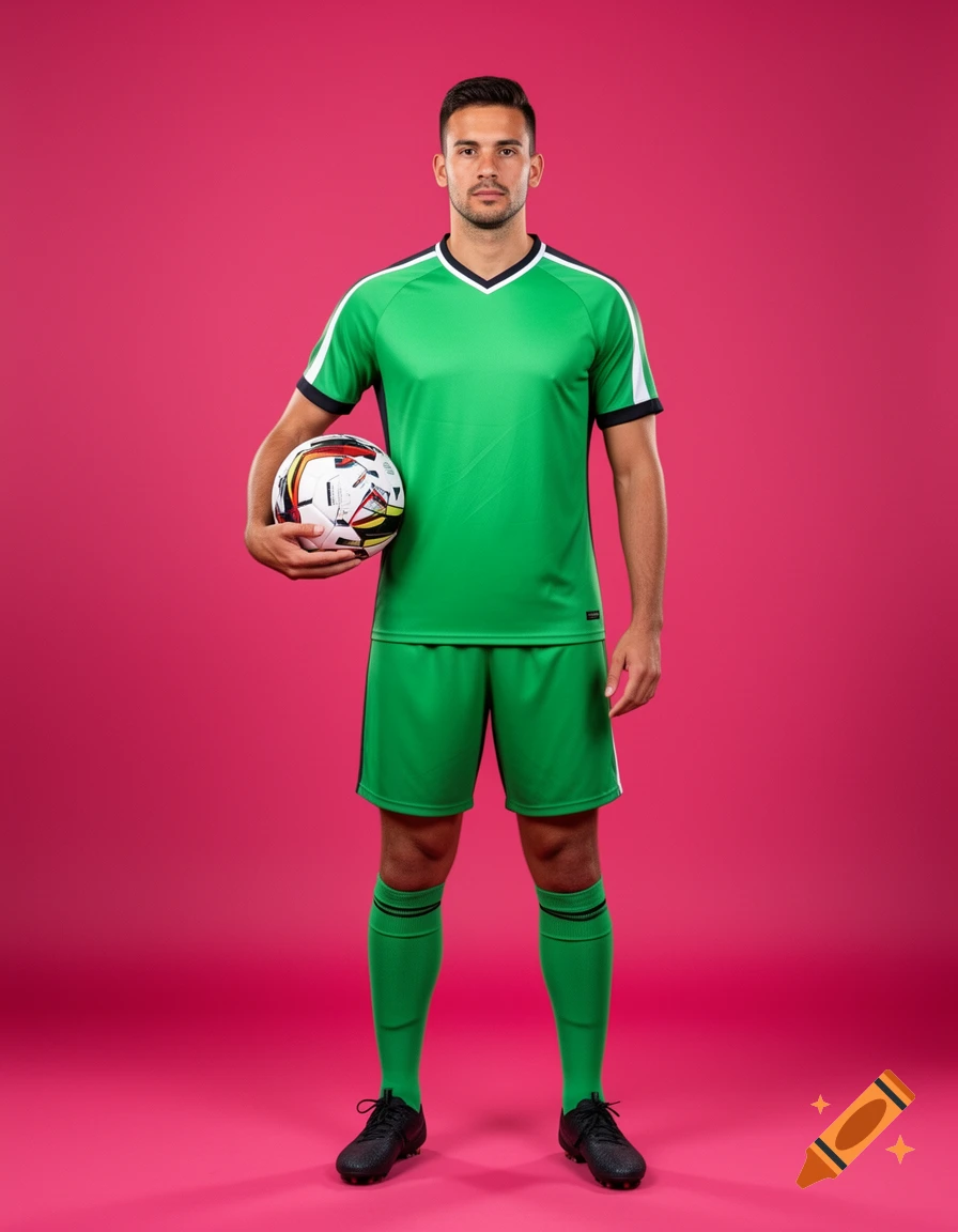 Photorealistic studio portrait of a male soccer player in a green jersey holding a ball against a pink background.