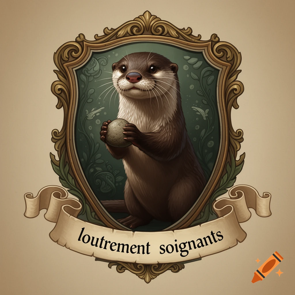 An illustration of an otter holding a stone, framed in an ornate shield crest with a ribbon bearing French text.