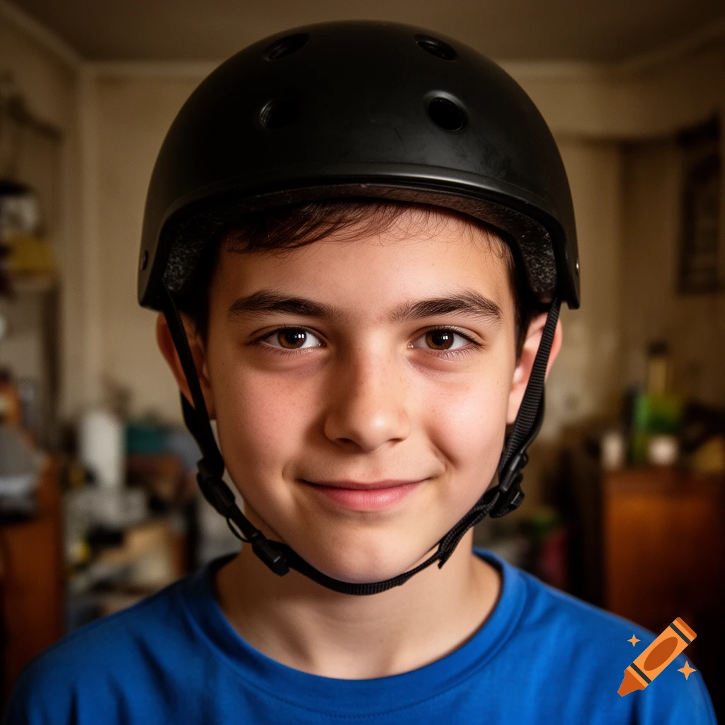 Close-up photorealistic portrait of a smiling boy wearing a black skateboard helmet and blue t-shirt.