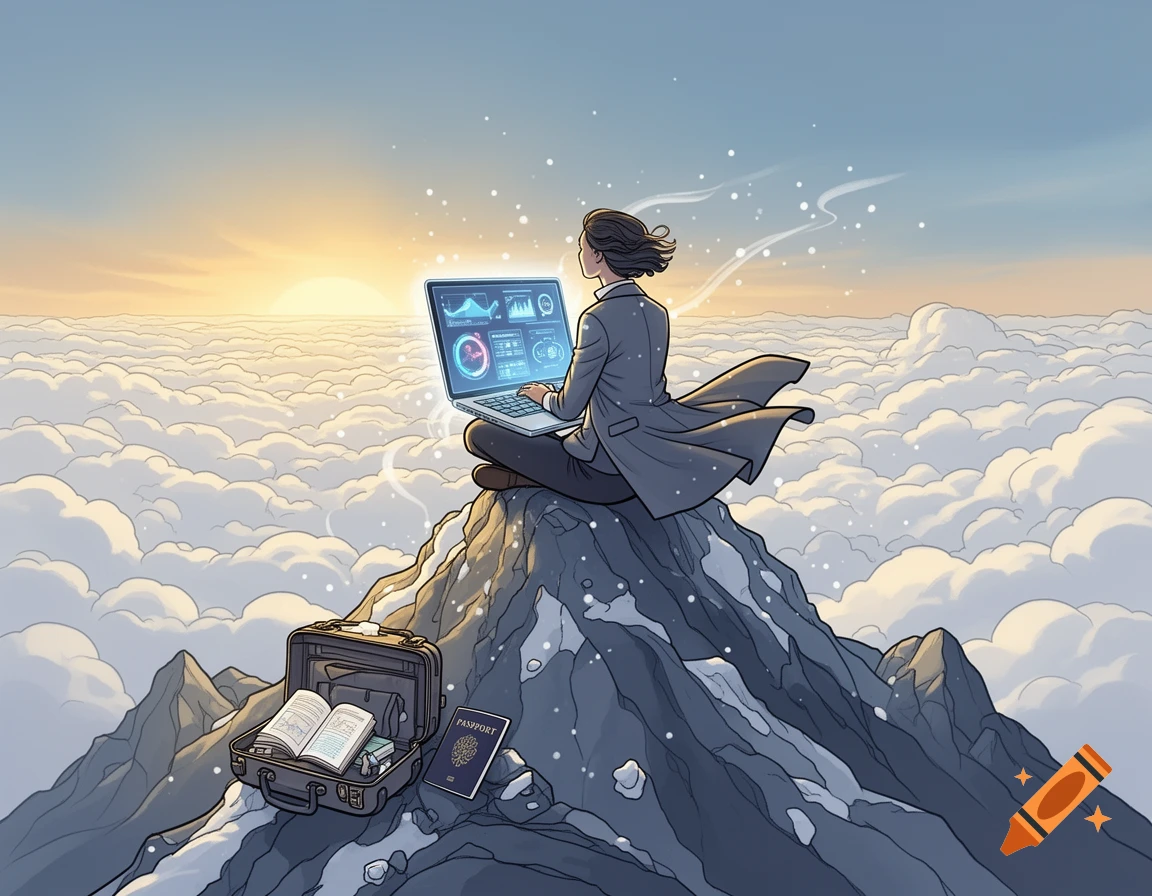 A person sitting cross-legged on a snowy mountain peak, using a laptop with a glowing dashboard, digital illustration.
