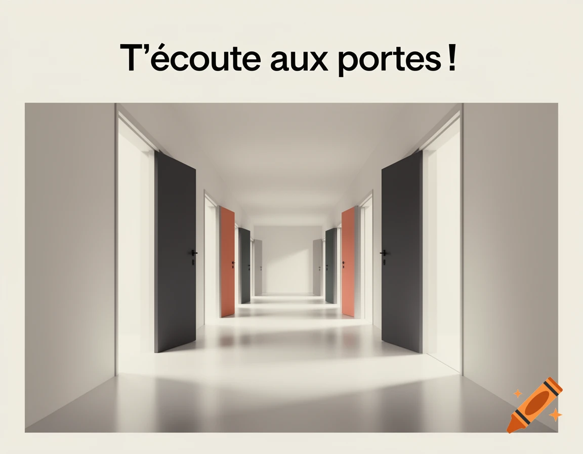 Minimalist long white corridor with perspective lines and open doors on both sides, with the text T'écoute aux portes! above.