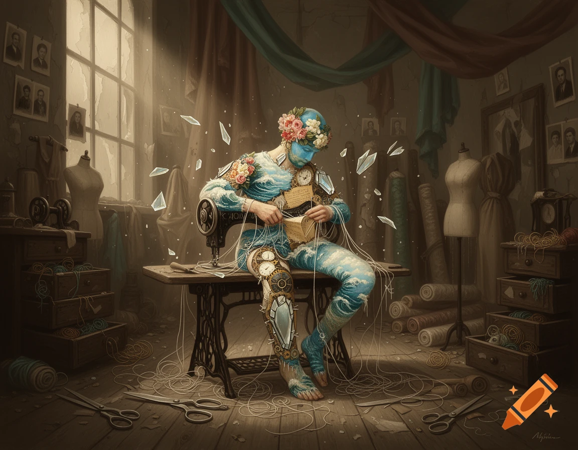 A surreal digital painting of a fabric-textured human figure sitting at an antique sewing machine inside an abandoned workshop.