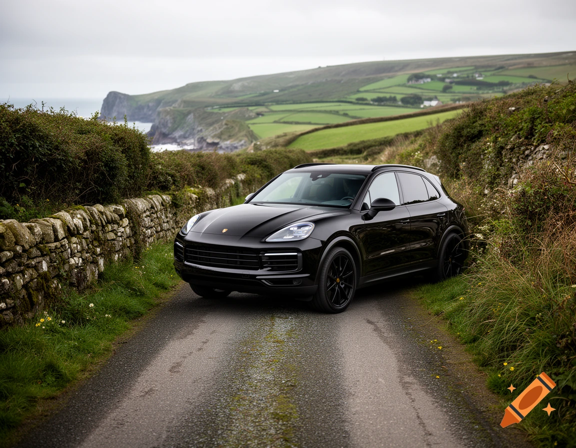 Photorealistic image of a black Porsche SUV parked on a narrow country lane bordered by stone walls and green hills.
